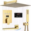 12 Inches Temperature Display Brushed Gold Shower System Rainfall Shower Faucet Set Mixers