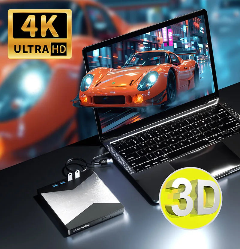 4K External Blu-ray Burner with USB 3.0 & Type-C Interface Portable DVD/CD/BD Player for Desktop/Laptop