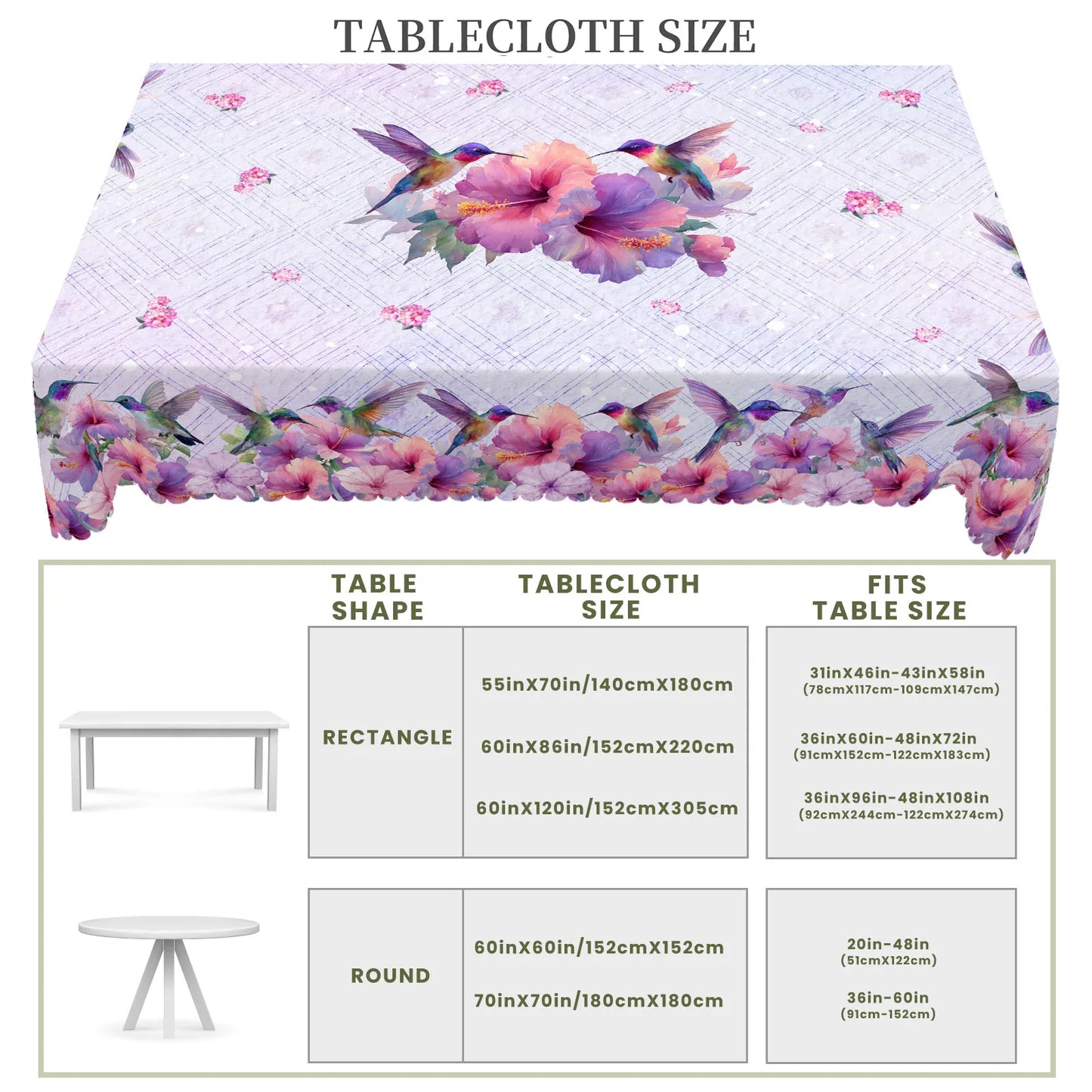 1 Piece of Spring and Summer Floral and Bird-Themed Printed Round and Rectangular Tablecloth, Available in Various Sizes, Featuring Vibrant Hummingbirds and Blooming Hibiscus Intertwined with Fresh Small Flowers and Light Pur