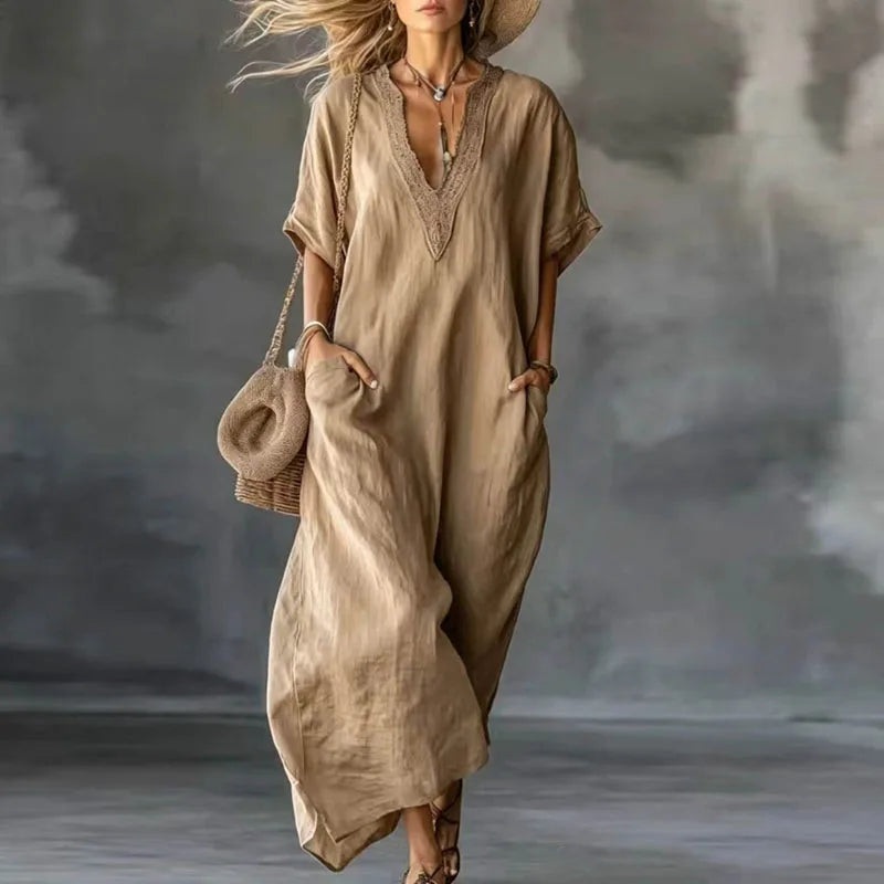 Bohemian Retro Solid Kaftan Dress Women V-Neck Lace Trim Loose Maxi Party Dress Summer Short Sleeve Casual Beach Holiday Dresses
