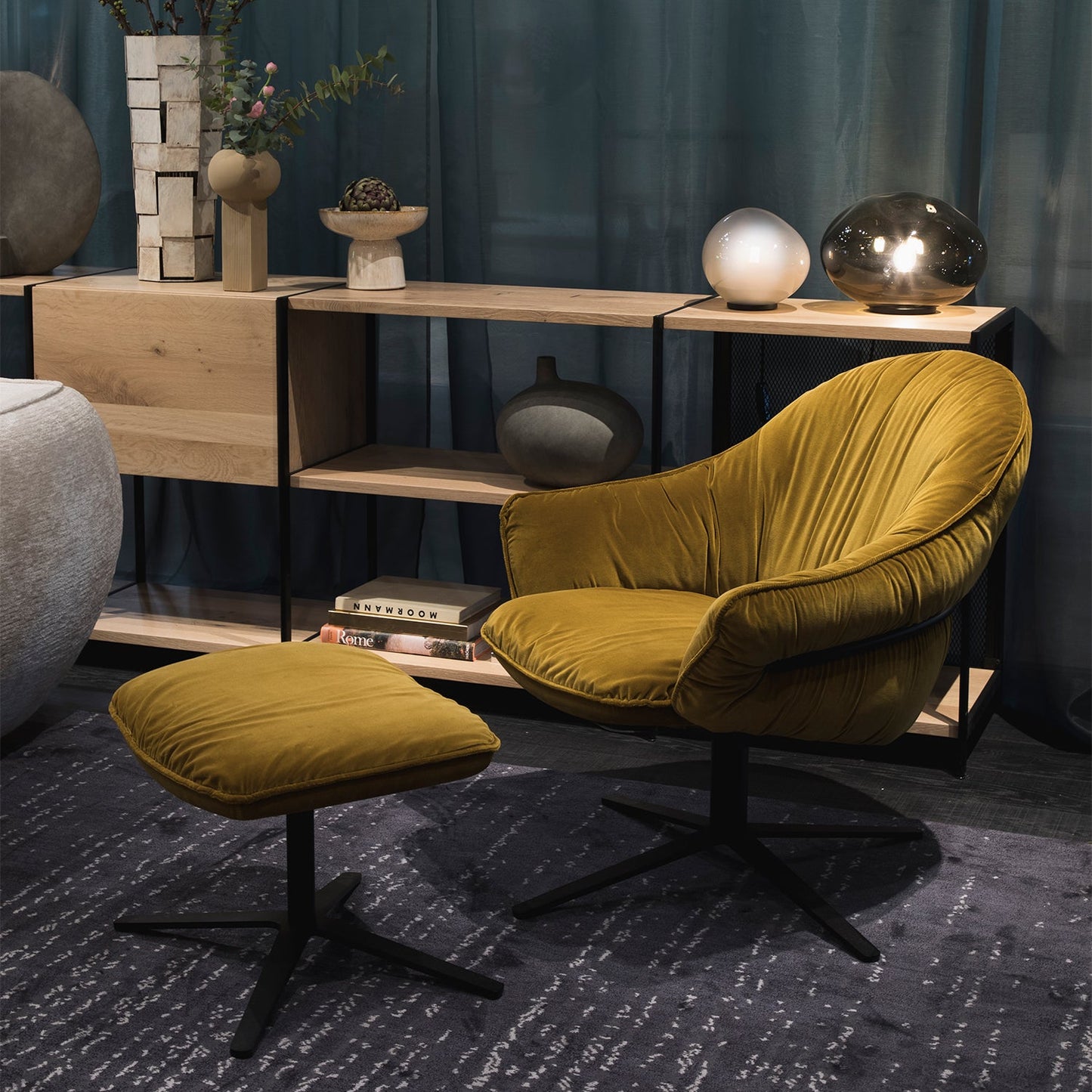 freifrau | marie lounge chair | x-base with rocker + tilting mechanism | adamo + eva tabacco + deep black frame