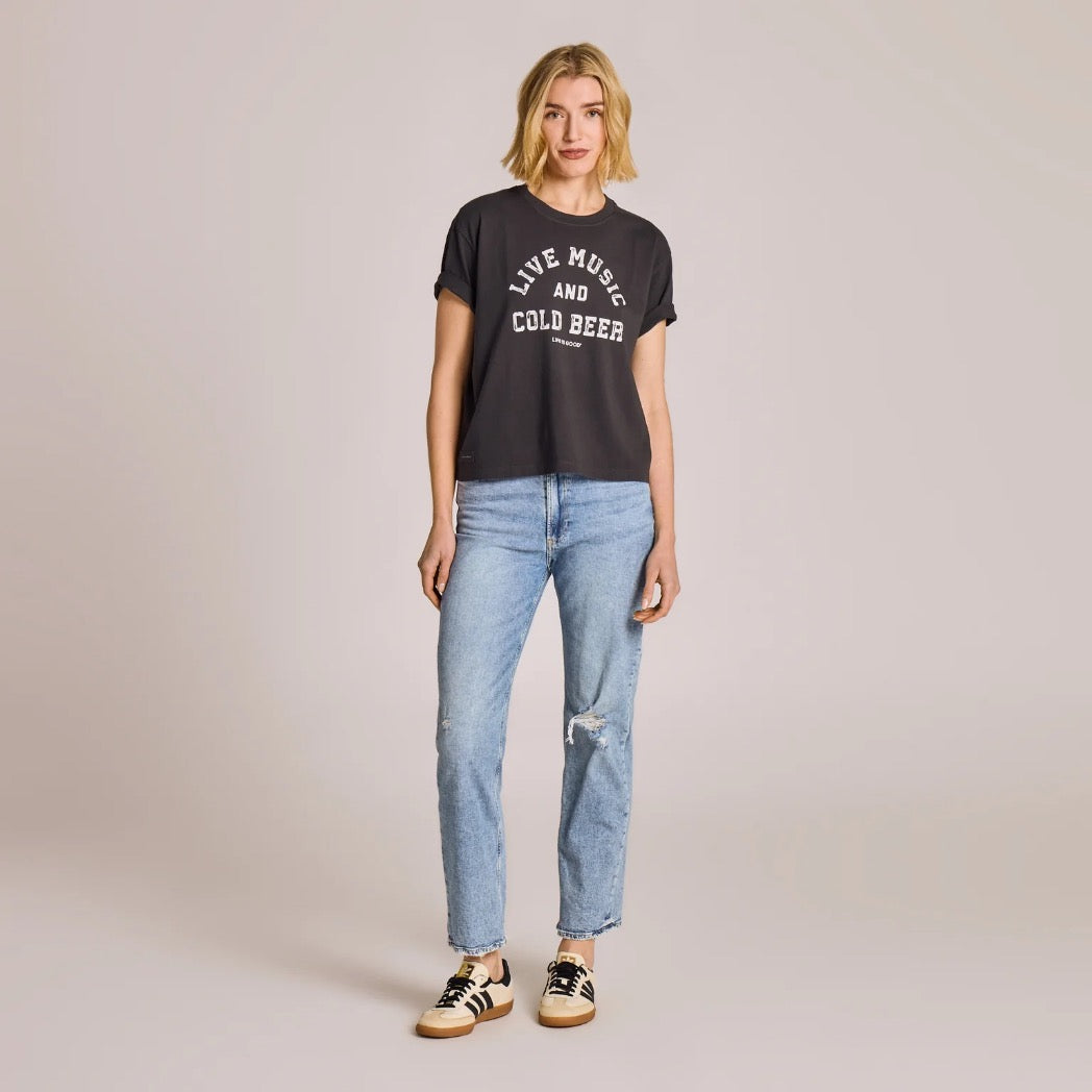 LIFE IS GOOD - WOMENS CRUSHER BOXY TEE | Live Music Faded Black