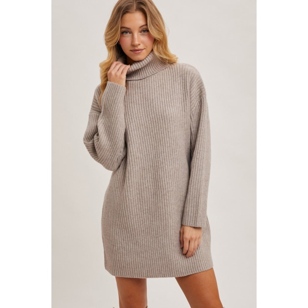 BLUIVY - TURTLENECK KNIT SWEATER DRESS | MUSHROOM