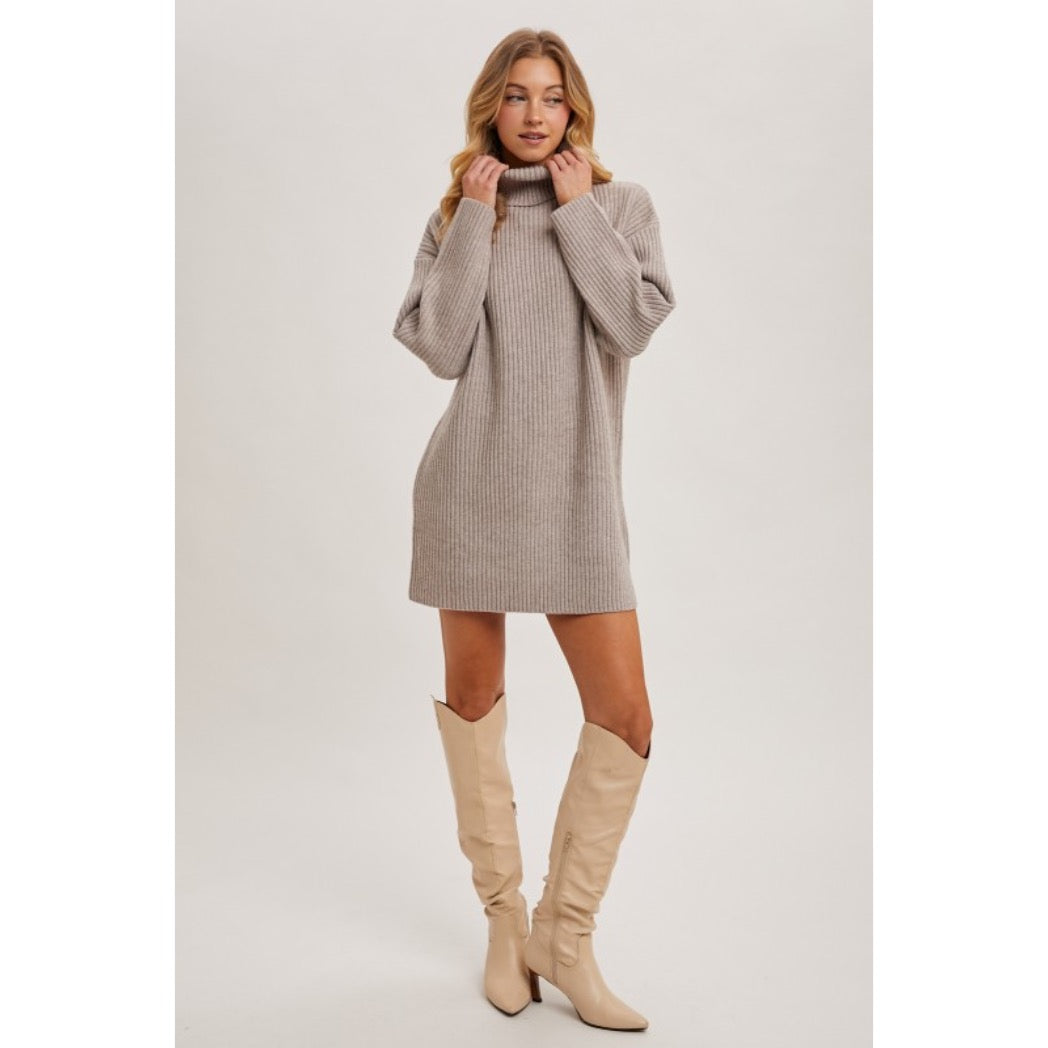 BLUIVY - TURTLENECK KNIT SWEATER DRESS | MUSHROOM