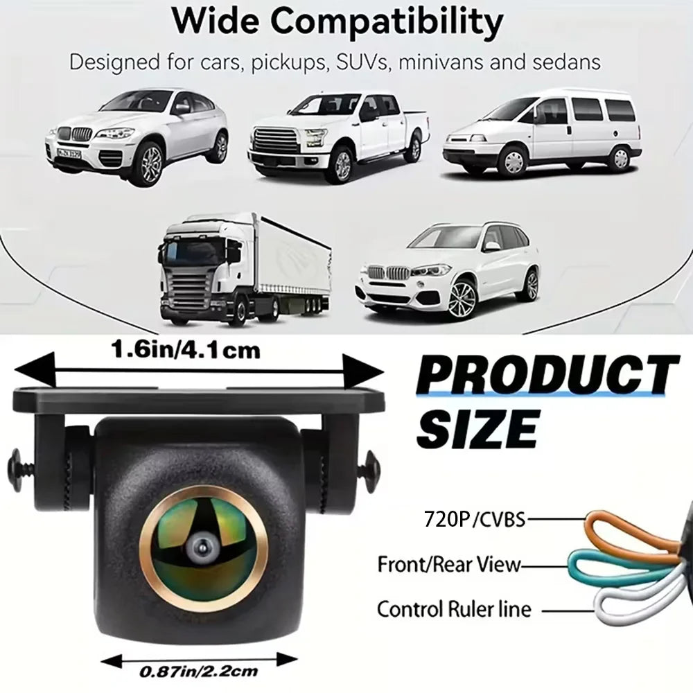720P AHD Car Backup Camera with Wide-Angle Fisheye Lens-Night Vision, Front/Rear/Side Monitoring, Easy Installation