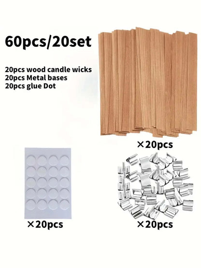 DIY Candle Making Kit - 60pcs Set with Natural Wood Wicks, Metal Stands & Glue Dots for Crafting