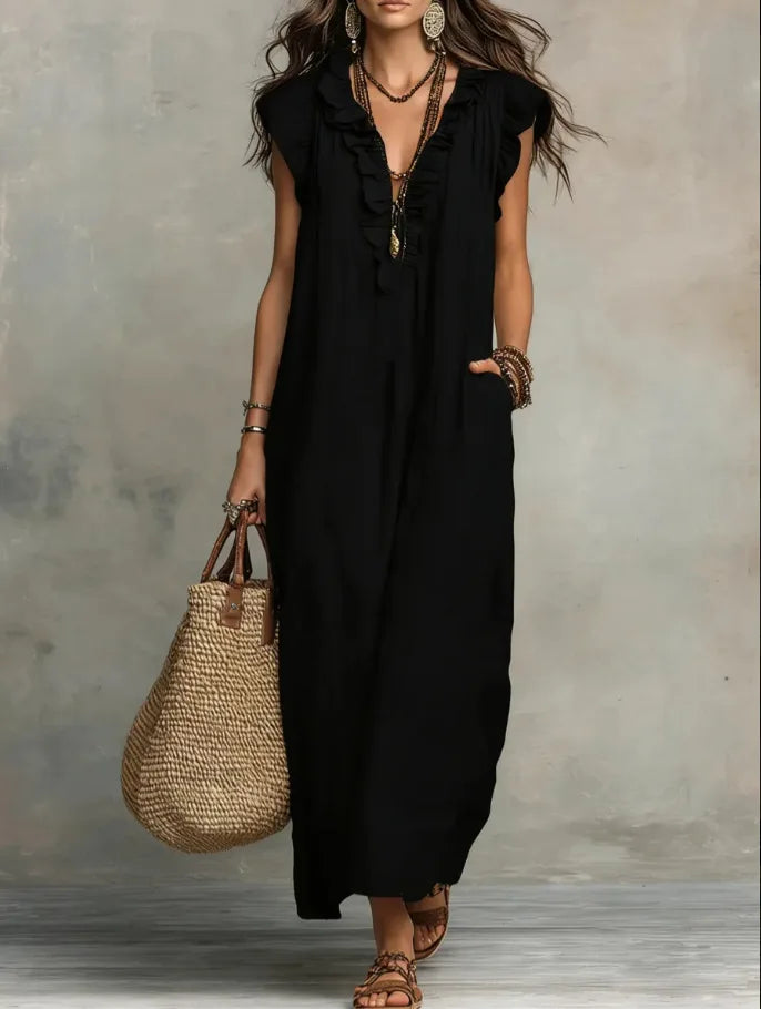 A Line Maxi Dress High Waist V Neck Sleeveless Polyester Casual Daily Wear Fashion High Quality Ladies Clothing