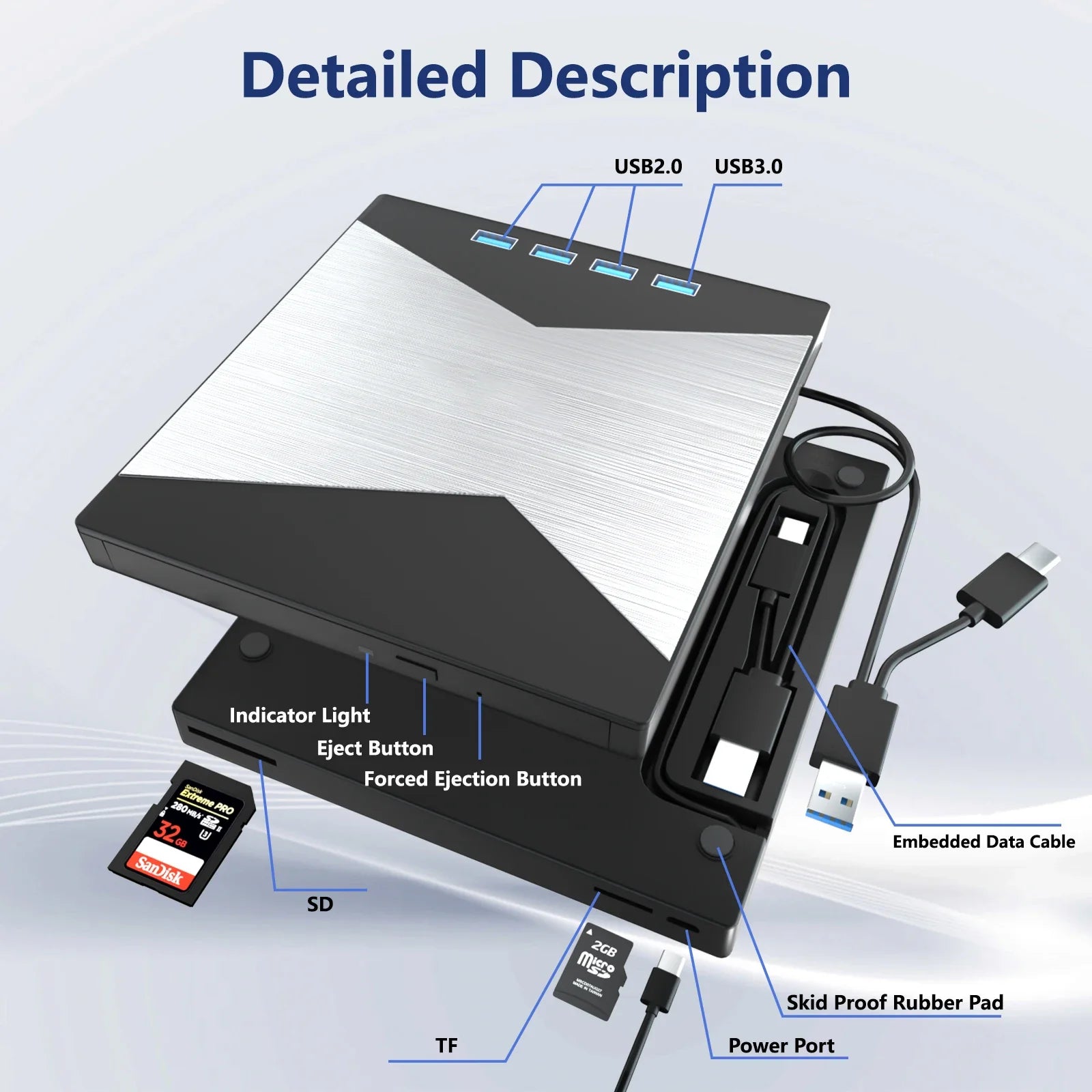 4K External Blu-ray Burner with USB 3.0 & Type-C Interface Portable DVD/CD/BD Player for Desktop/Laptop