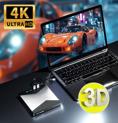 4K External Blu-ray Burner with USB 3.0 & Type-C Interface Portable DVD/CD/BD Player for Desktop/Laptop