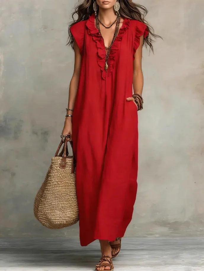 A Line Maxi Dress High Waist V Neck Sleeveless Polyester Casual Daily Wear Fashion High Quality Ladies Clothing