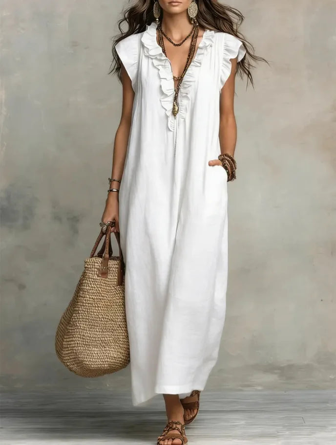 A Line Maxi Dress High Waist V Neck Sleeveless Polyester Casual Daily Wear Fashion High Quality Ladies Clothing