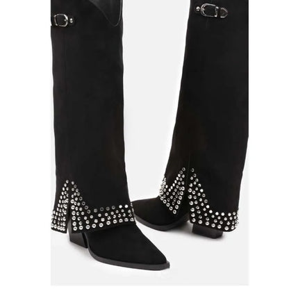 Designer Luxury Women's Over-the-Knee & Knee-High Western Snow Boots Thick Heel Rhinestone Decorated High Fashion Winter Shoes