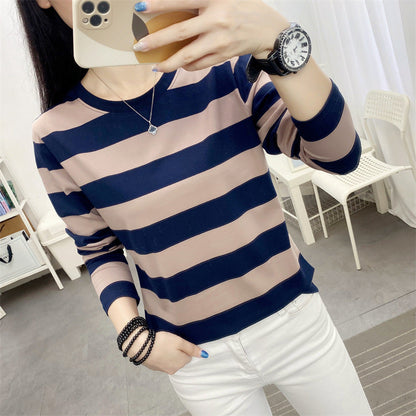 Autumn chubby girl Plus Size Large Size Loose Cotton Long-sleeved T-shirt Women's Middle-aged Mother Base Shirt Striped Top