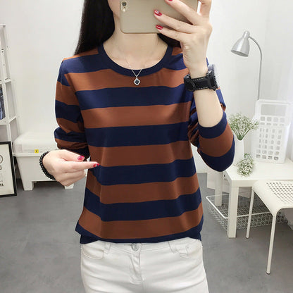 Autumn chubby girl Plus Size Large Size Loose Cotton Long-sleeved T-shirt Women's Middle-aged Mother Base Shirt Striped Top