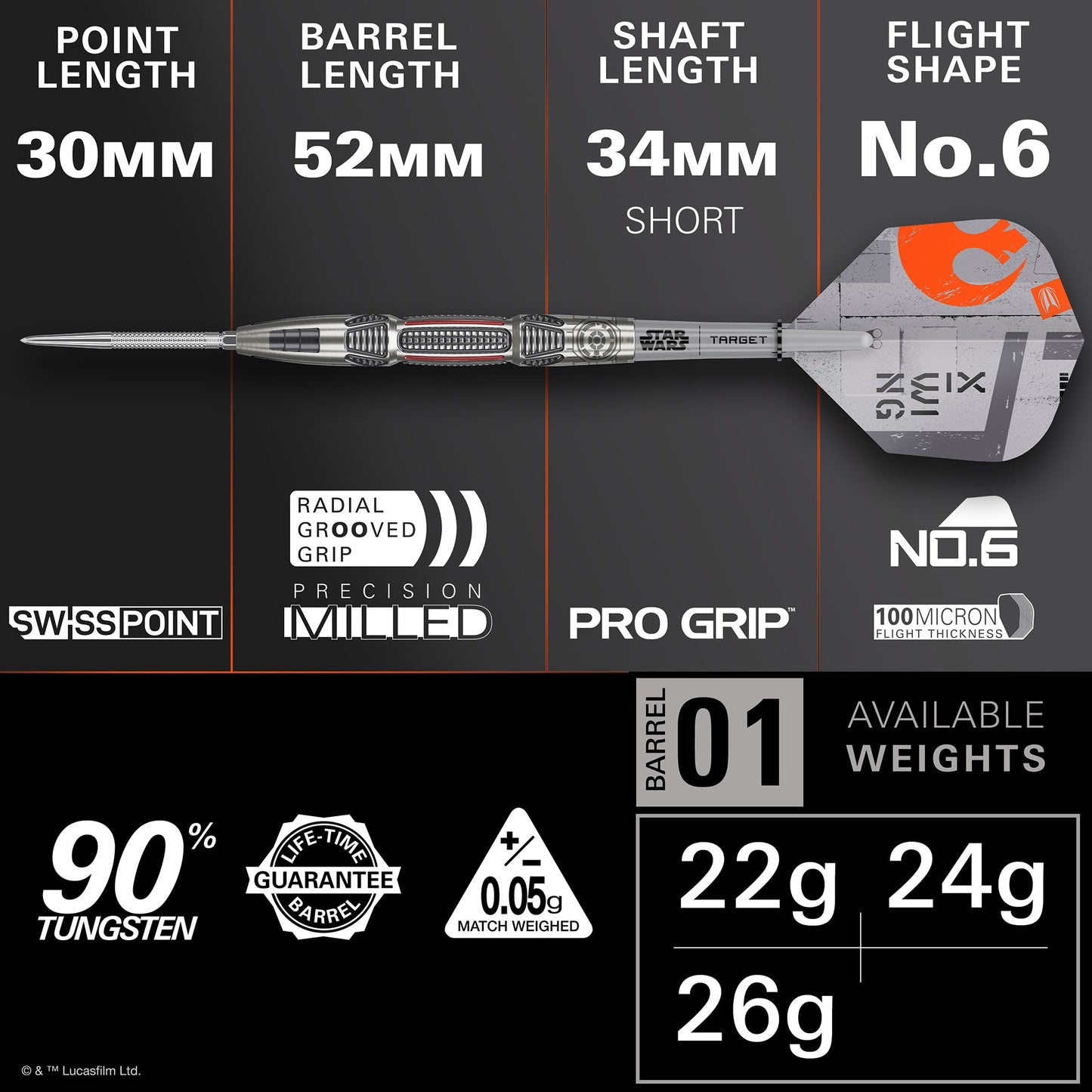 TARGET x STAR WARS - 22g - X WING - Steel Tip Swiss Point - 90% Tungsten Darts