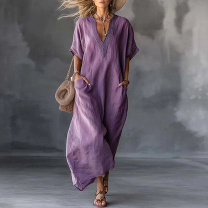 Bohemian Retro Solid Kaftan Dress Women V-Neck Lace Trim Loose Maxi Party Dress Summer Short Sleeve Casual Beach Holiday Dresses