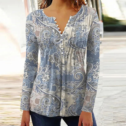 2024 Trendy 3D Printed Shirts for Women Spring Summer 3/4 Sleeve V Neck Buttons Blouse Shirt Elegant Ladies Long Sleeve Tops