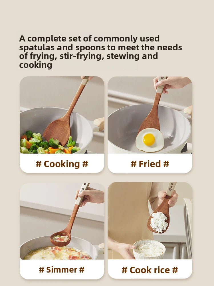 COOKER KING Ebony Wood Cooking Utensils Heat Resistant Non-Stick Pan Safe Spatula Stir Fry Rice Soup Spoon