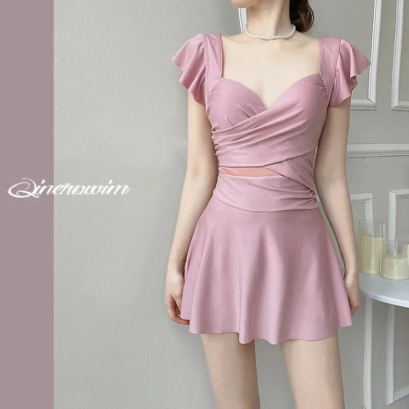 Areathable Women's One-piece Solid Color French Swimsuit Conservative Slimming Steel Support Bra Dress Style Swimsuit Hot Spring