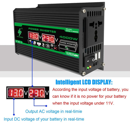 4000W Solar Inverter Portable Power Bank DC 12V to AC 110/220V Dual USB LCD Display Car Converter for Camping RV Universal Plug