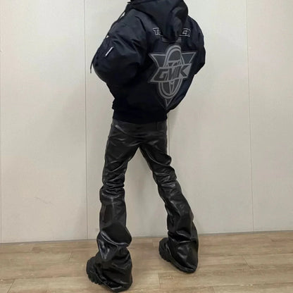 2025 Coated Shiny Hip Hop Punk Stacked Jeans Man Patent Leather Vintage Wide Leg Straight Flared Jeans