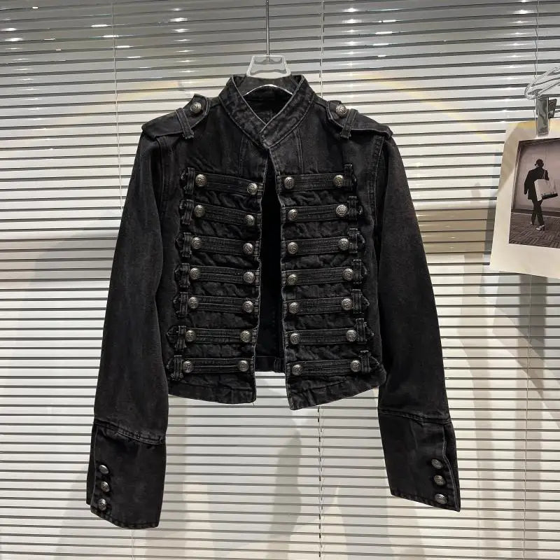 Classical Metal Bule Design oulder Strap Waed Denim ort Jaet Spring 2026 Women's Faion Straight Cut Long Sve