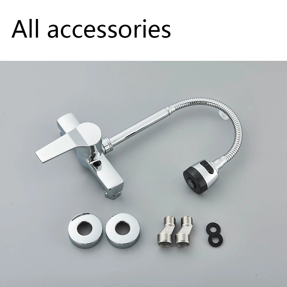 Chrome Wall Mounted Dual Hole Kitchen Faucet Lead Free Hot Cold Water Mixer Tap Stream Spray Bubbler 360 Rotation Flexible Pipe