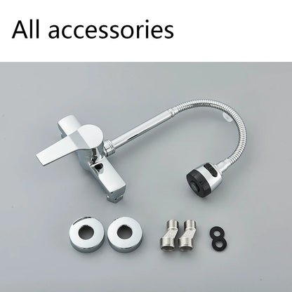 Chrome Wall Mounted Dual Hole Kitchen Faucet Lead Free Hot Cold Water Mixer Tap Stream Spray Bubbler 360 Rotation Flexible Pipe
