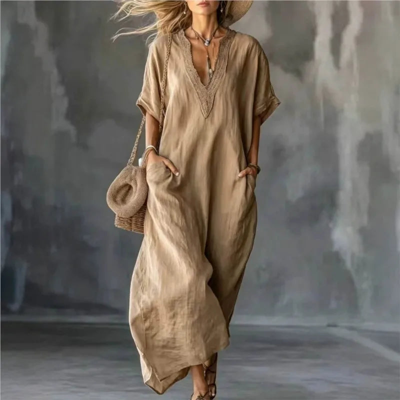 2026 New Summer Women's Dress Solid Color V-neck Bohemian Style Retro Fashionable And Comfortable Elegant Pocket Simple Vestidos