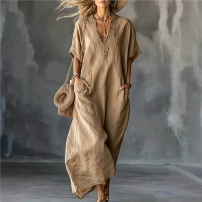 2026 New Summer Women's Dress Solid Color V-neck Bohemian Style Retro Fashionable And Comfortable Elegant Pocket Simple Vestidos