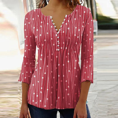2024 Trendy 3D Printed Shirts for Women Spring Summer 3/4 Sleeve V Neck Buttons Blouse Shirt Elegant Ladies Long Sleeve Tops