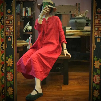 2024 Spring Autumn New Arts Style Women Long Sleeve V-neck  A-line Dresses Vintage Embroidery Cotton Linen Loose Long Dresses