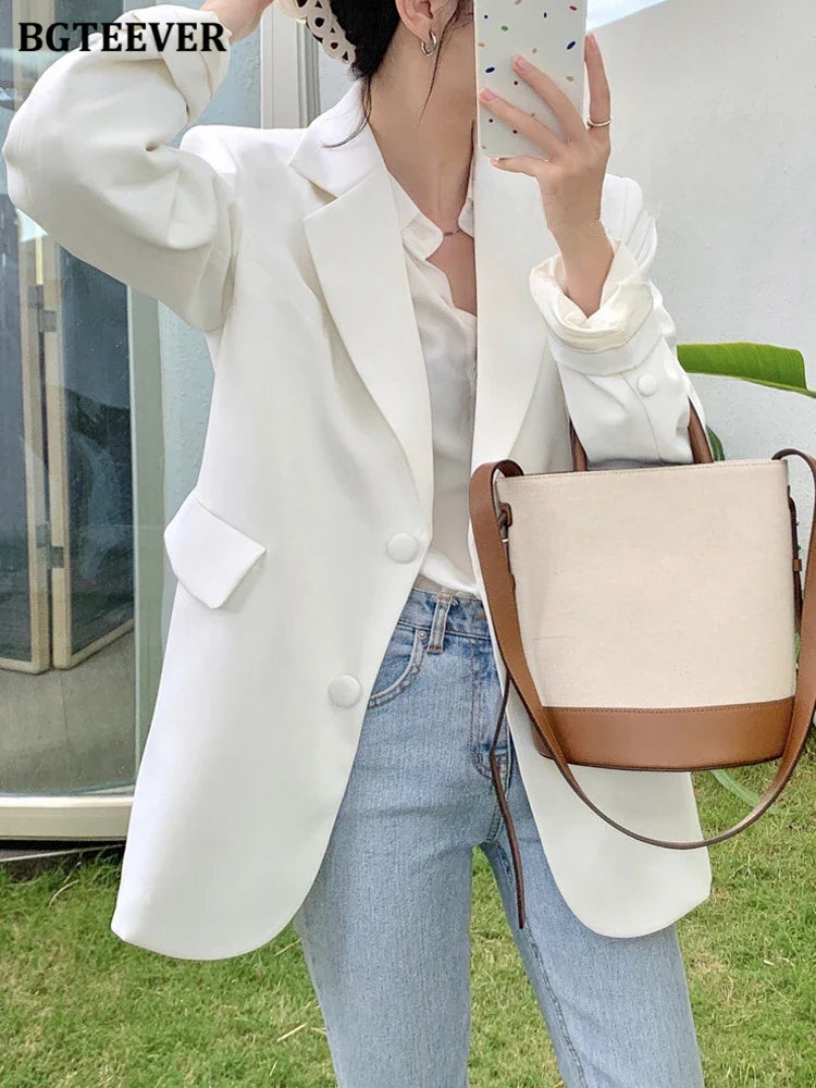 BGTEEVER Casual Loose Lapel Ladies Suit Jackets Full Sleeve Single-breasted Solid Female Blazer Tops Spring Women Outwear