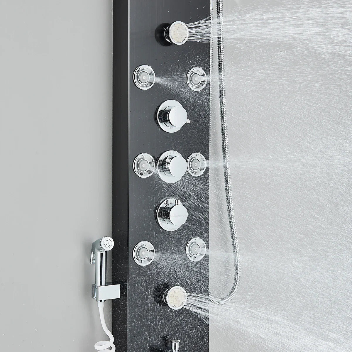 Black Nickel LED Shower Panel Six Functions Shower Column Rain Waterfall Shower Massage Spa Jets Tub Shower With Bidet Bath Taps