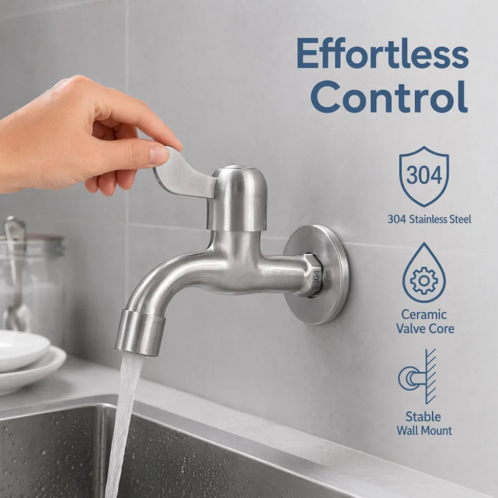 304 Stainless Steel Faucet G1/2 Inch Thread Single Lever Faucet Tap with Bubbler and Valve Wall Mounted Water Tap Garden