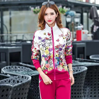 2024 Women's Casual Sports Suits Spring New Print Jacket+Lenght Pants Two Sets Lady Sportswear Suit racksuits Set 6XL