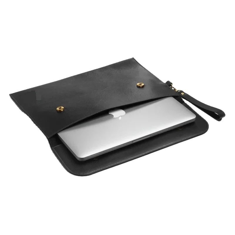 Custom Slim Genuine Leather Laptop Sleeve Button Closure Laptop Cover Notebook Holder Office Travel Document File Bag