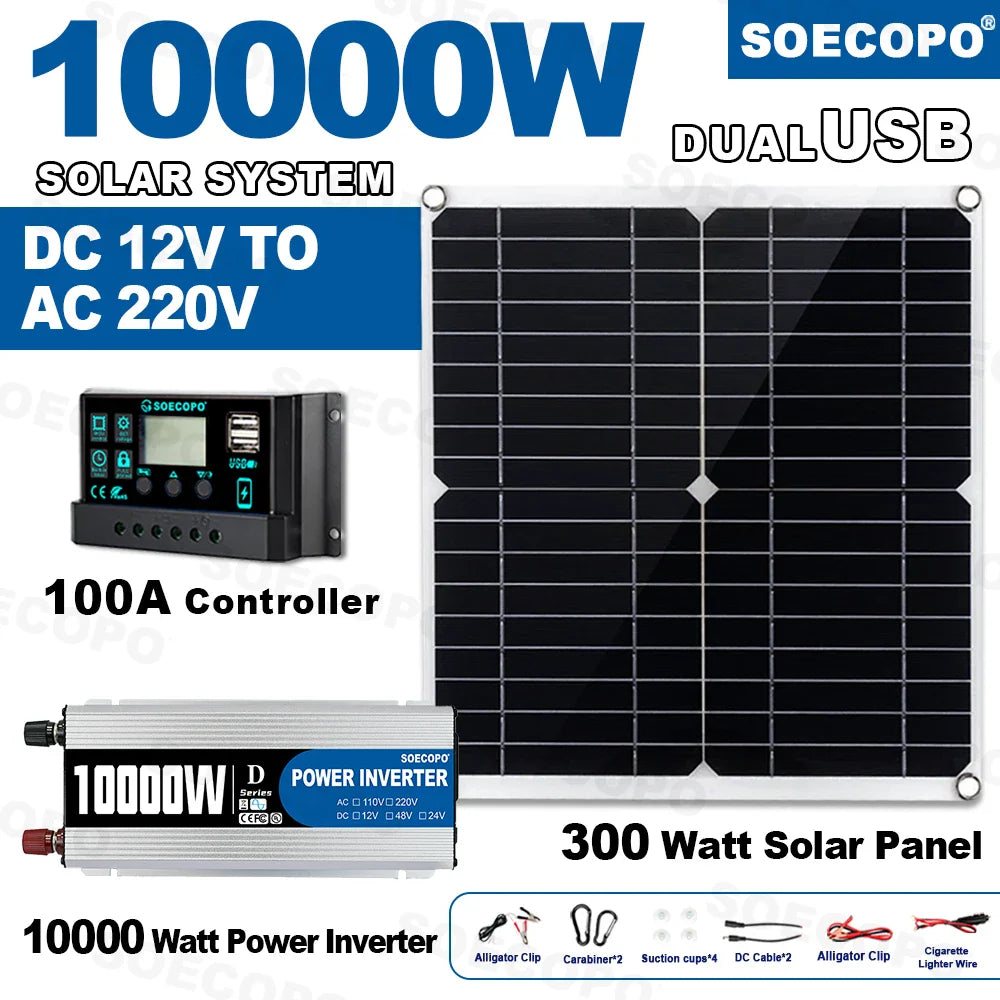 10000W Solar Power Complete Kit 12V To 220V Inverter100A Controller 300W Panel System for Home/RV/Camping  Full House Generator