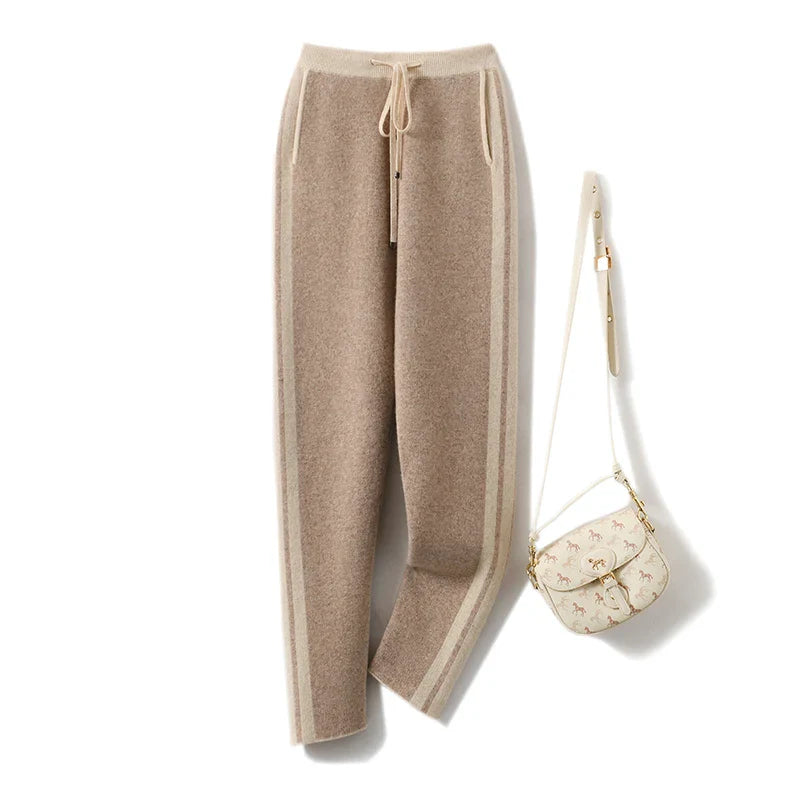 Autumn Winter Woman's Pants Fashion Pencil Pants 100% Merino Wool Knit Long Trouser Elastic Mid-Waist Patchwrok Full Length Pant