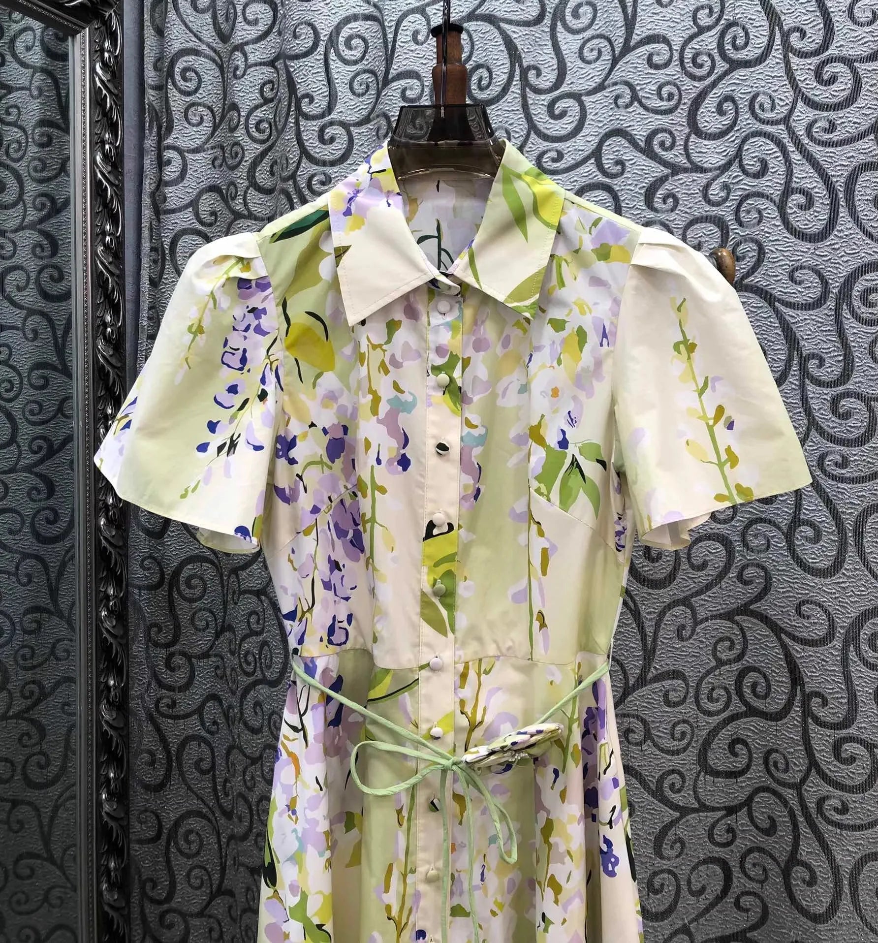 100%Cotton Long Dress 2026 Spring Summer Women Turn-down Collar Sweet Floral Print Belt Deco Short Sleeve Long Maxi Dress Luxury
