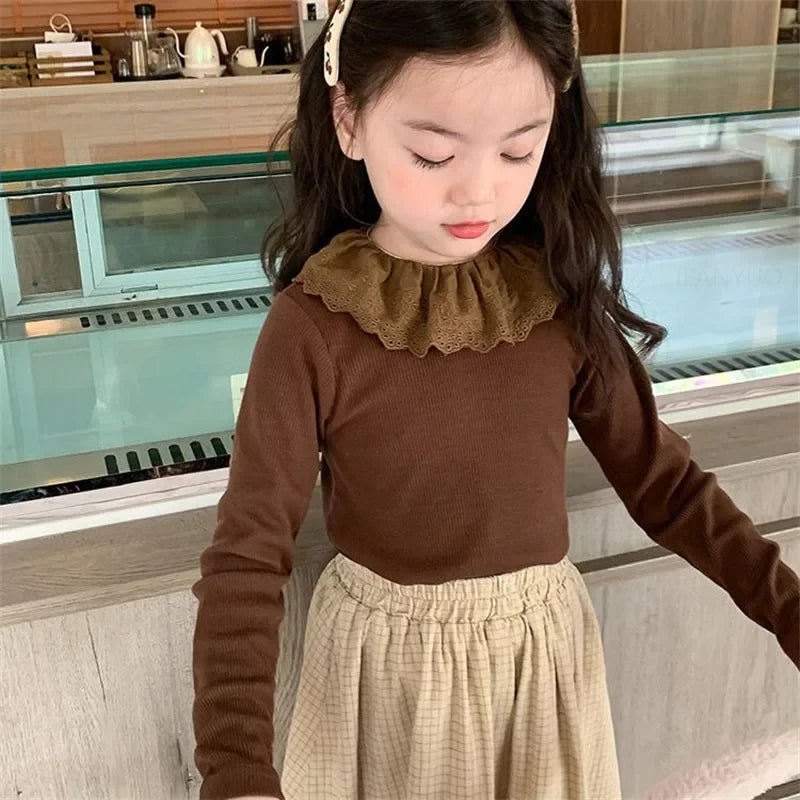 1-7 Years Long Sleeved Shirts Children Spring Knitted Tops Baby Lace 2025 Lace Base Shirt Korean Girls Ruffle Collar T-shirt