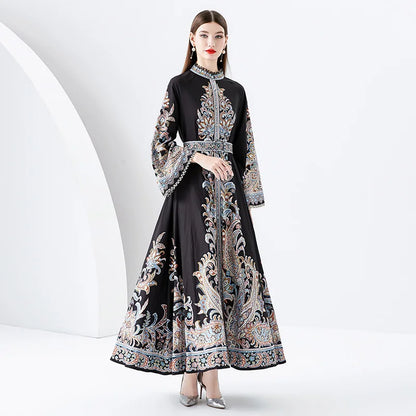2023 New Silk Long sleeved Ethnic Style Retro Printed Dress for Women's Vacation Style Standing Collar Long Swing Dress