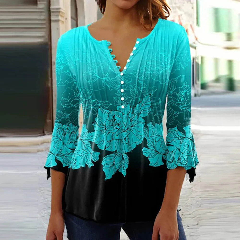 2024 Trendy 3D Printed Shirts for Women Spring Summer 3/4 Sleeve V Neck Buttons Blouse Shirt Elegant Ladies Long Sleeve Tops