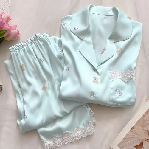 Bear Print Pajamas Women Cool Ice Silk Short Sleeve Pants Loungewear Cardigan Lace Fall and Winter Two-Piece Set Plus Size