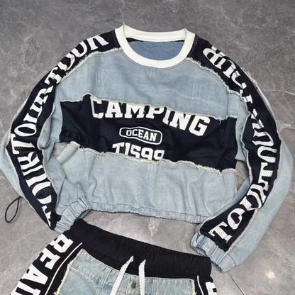 ANJY Autumn Women European Trendy Street Denim T-Shirt Personalized Letter Print Drawstring O-Neck Long Sleeve Sweatshirt A10809