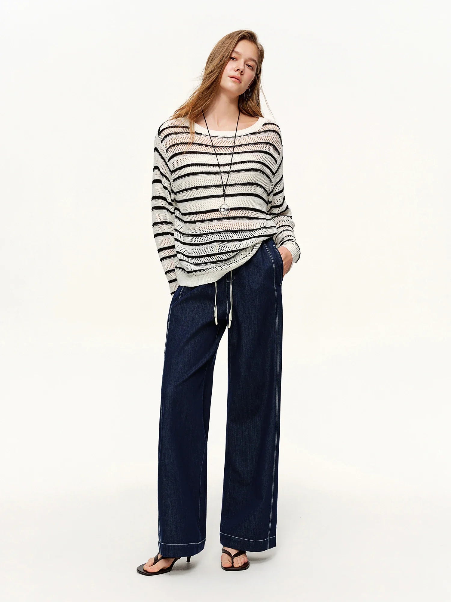 DUSHU 2026 Spring Women's Contrast Topstitching Straight Leg Jeans, Elastic Drawstring Waist Casual Pants for Y2K Street Style
