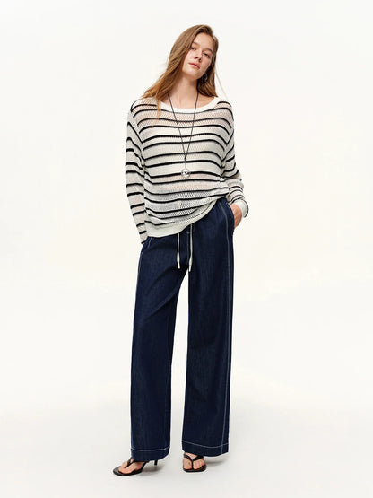 DUSHU 2026 Spring Women's Contrast Topstitching Straight Leg Jeans, Elastic Drawstring Waist Casual Pants for Y2K Street Style