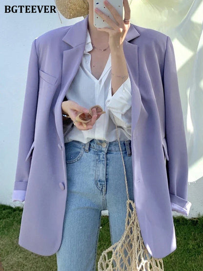 BGTEEVER Casual Loose Lapel Ladies Suit Jackets Full Sleeve Single-breasted Solid Female Blazer Tops Spring Women Outwear
