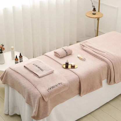 Customized Logo Beauty Salon Specific Towel Coral Fleece Bath Skirts Perforated Bedding Large Bath Towels Clinics Nails Esthetic