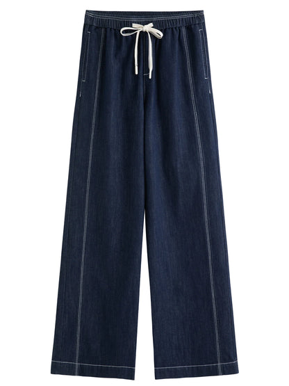 DUSHU 2026 Spring Women's Contrast Topstitching Straight Leg Jeans, Elastic Drawstring Waist Casual Pants for Y2K Street Style